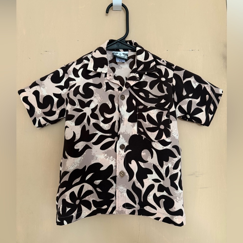 Manuhealii Boys Brown and Cream Button Down Aloha Shirt